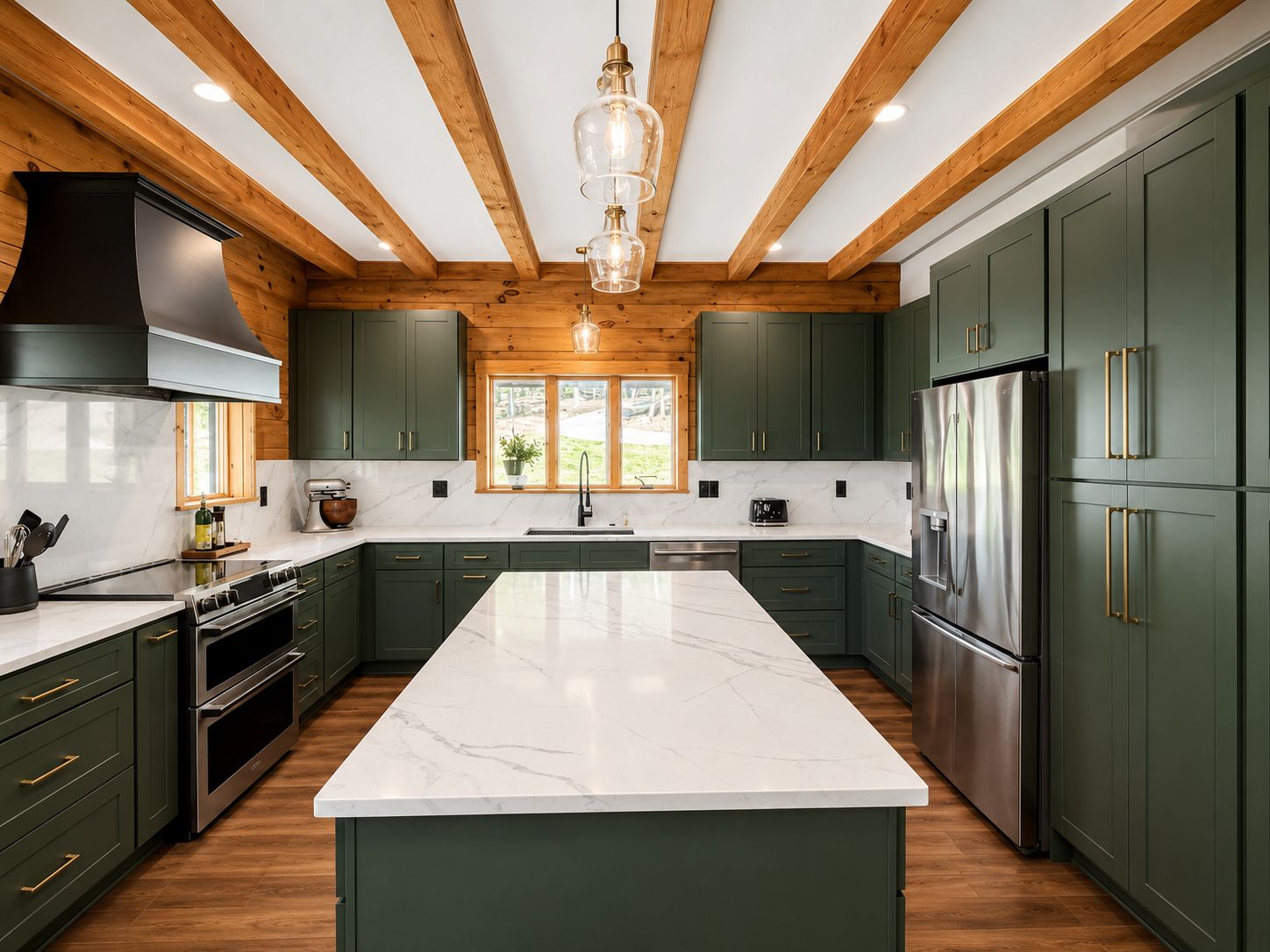 Kitchen with D7 Forest Green shaker cabinets, exposed wood beams and a white quartz island