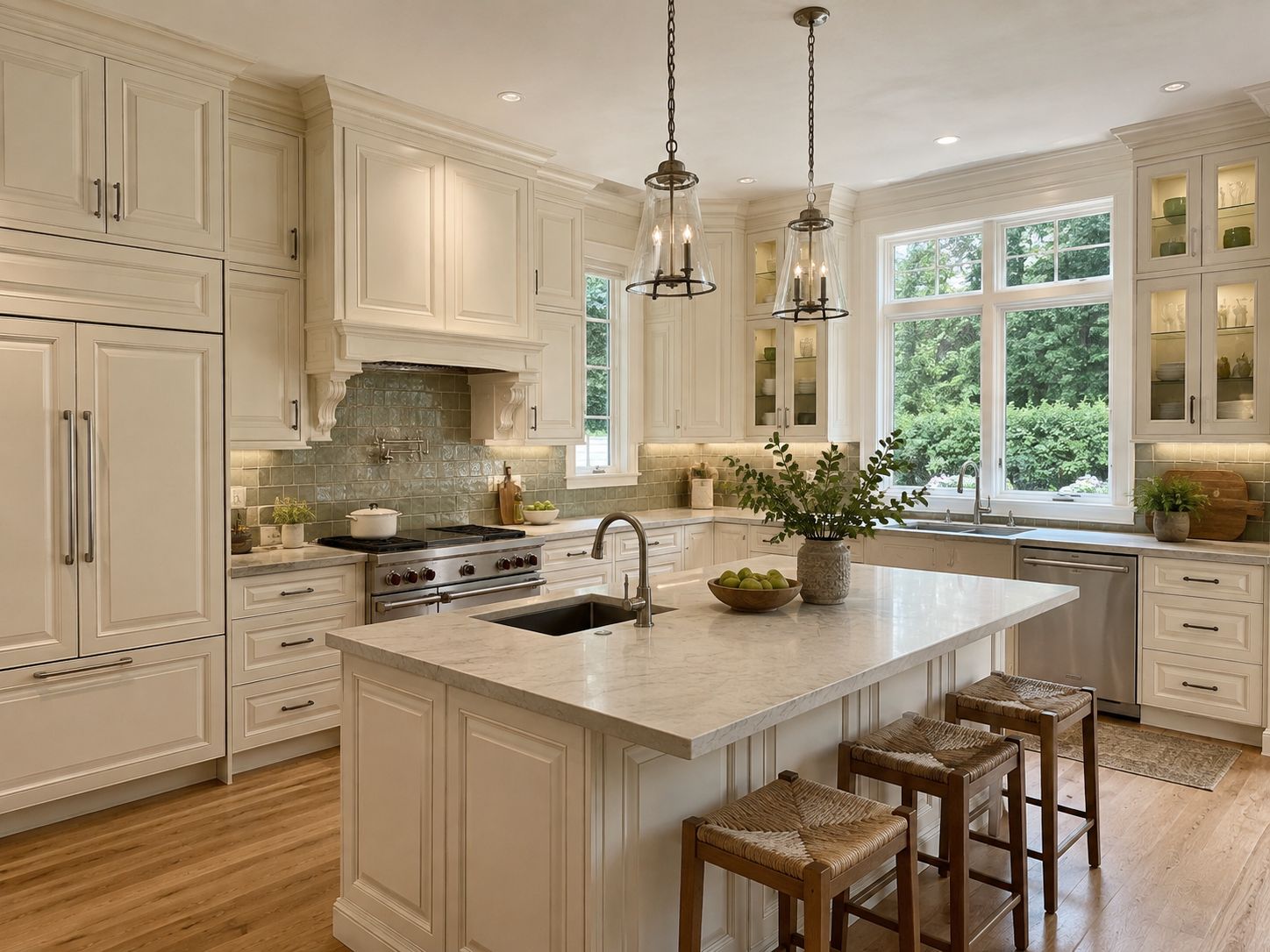 Kitchen with D9 Pearl White shaker cabinets, a large quartz island and glass pendant lighting