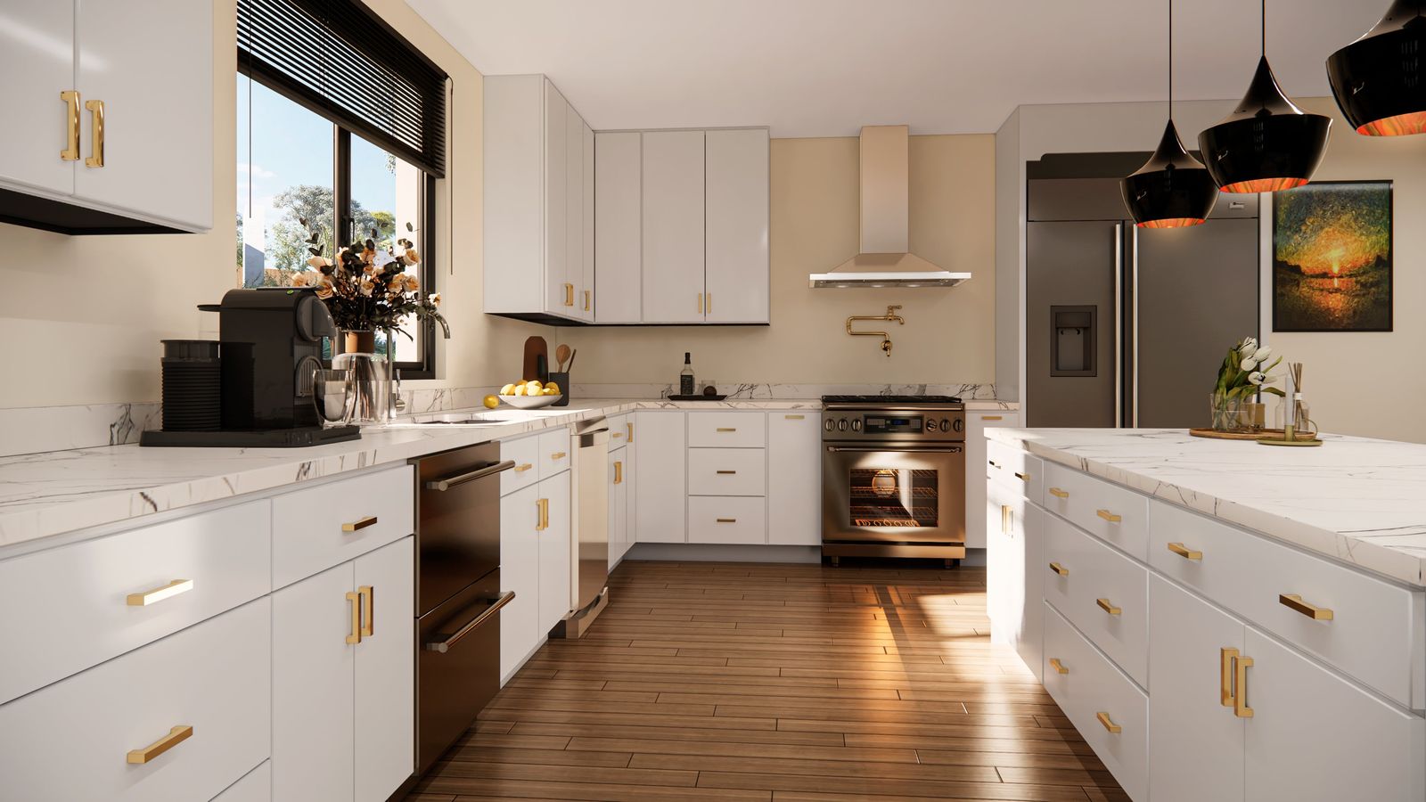 Kitchen with E1 Glossy White frameless cabinets, quartz counters and black pendants