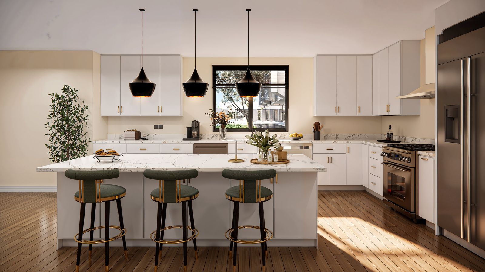 Kitchen with E1 Glossy White frameless cabinets, quartz island and black pendants