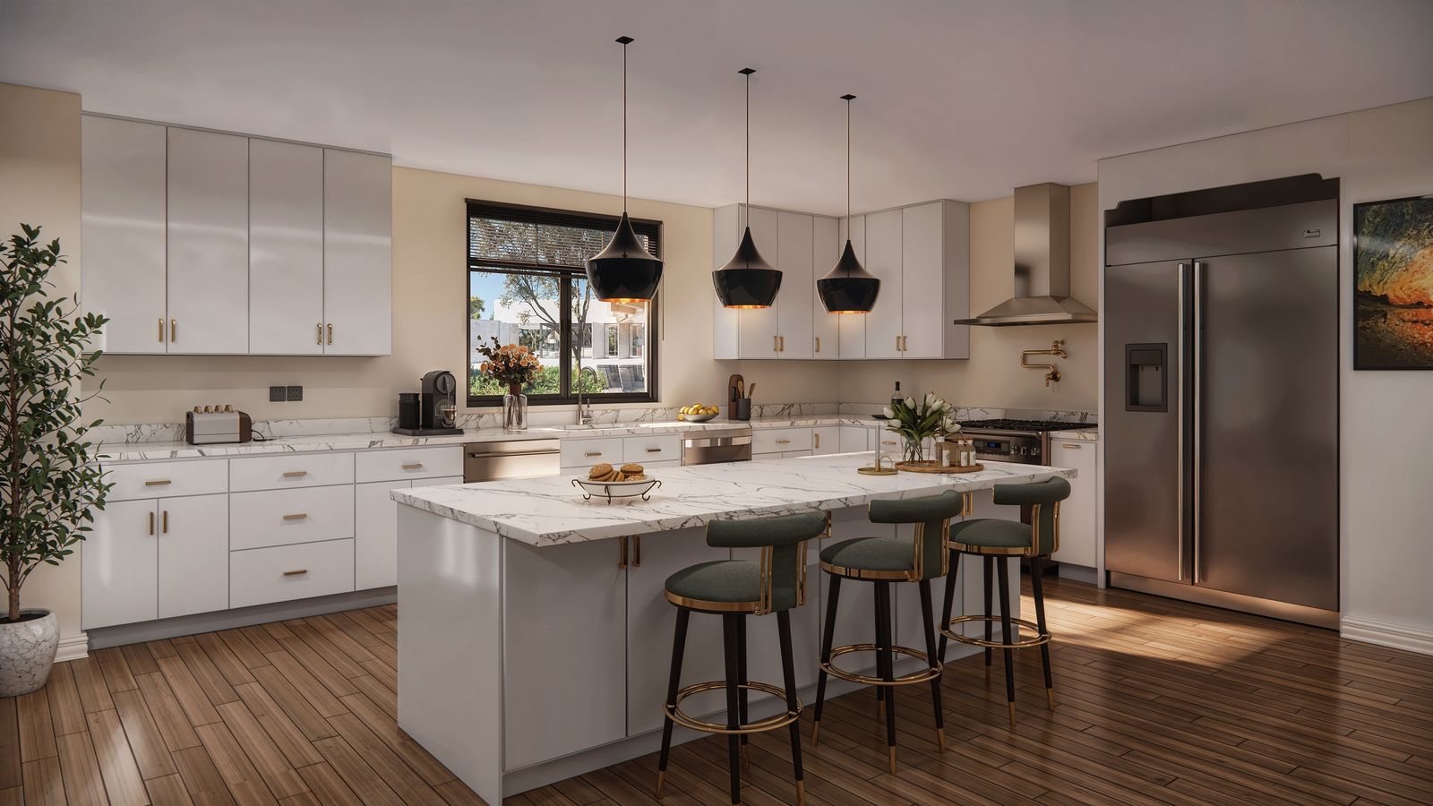 Kitchen with E1 Glossy White frameless cabinets, quartz island, green stools and black pendants