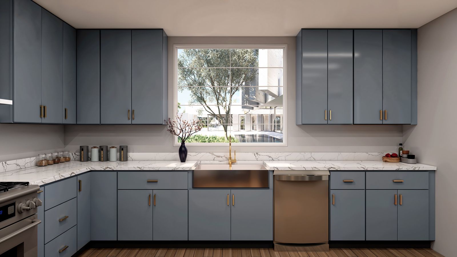 Kitchen with E2 Glossy Dark Grey frameless cabinets, copper farmhouse sink and quartz counters