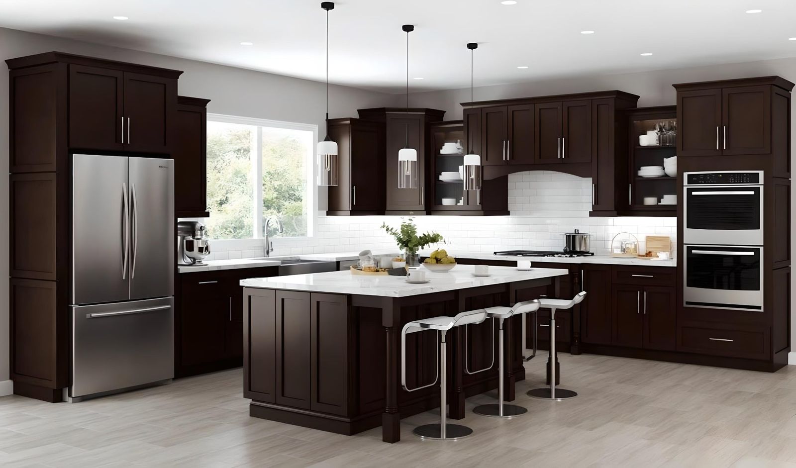 Kitchen with G1 dark espresso shaker cabinets, white quartz island and stainless appliances