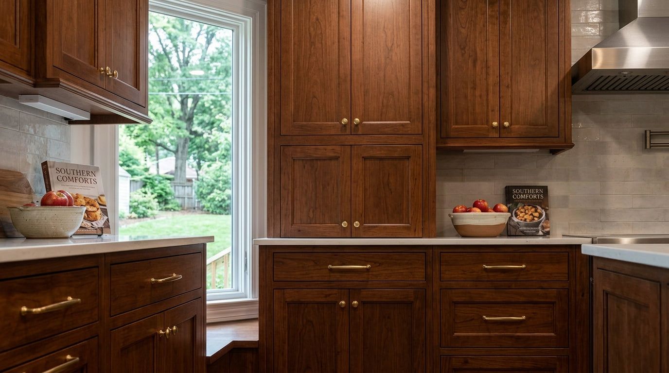Kitchen with G1 dark stained wood shaker cabinets and white quartz counters