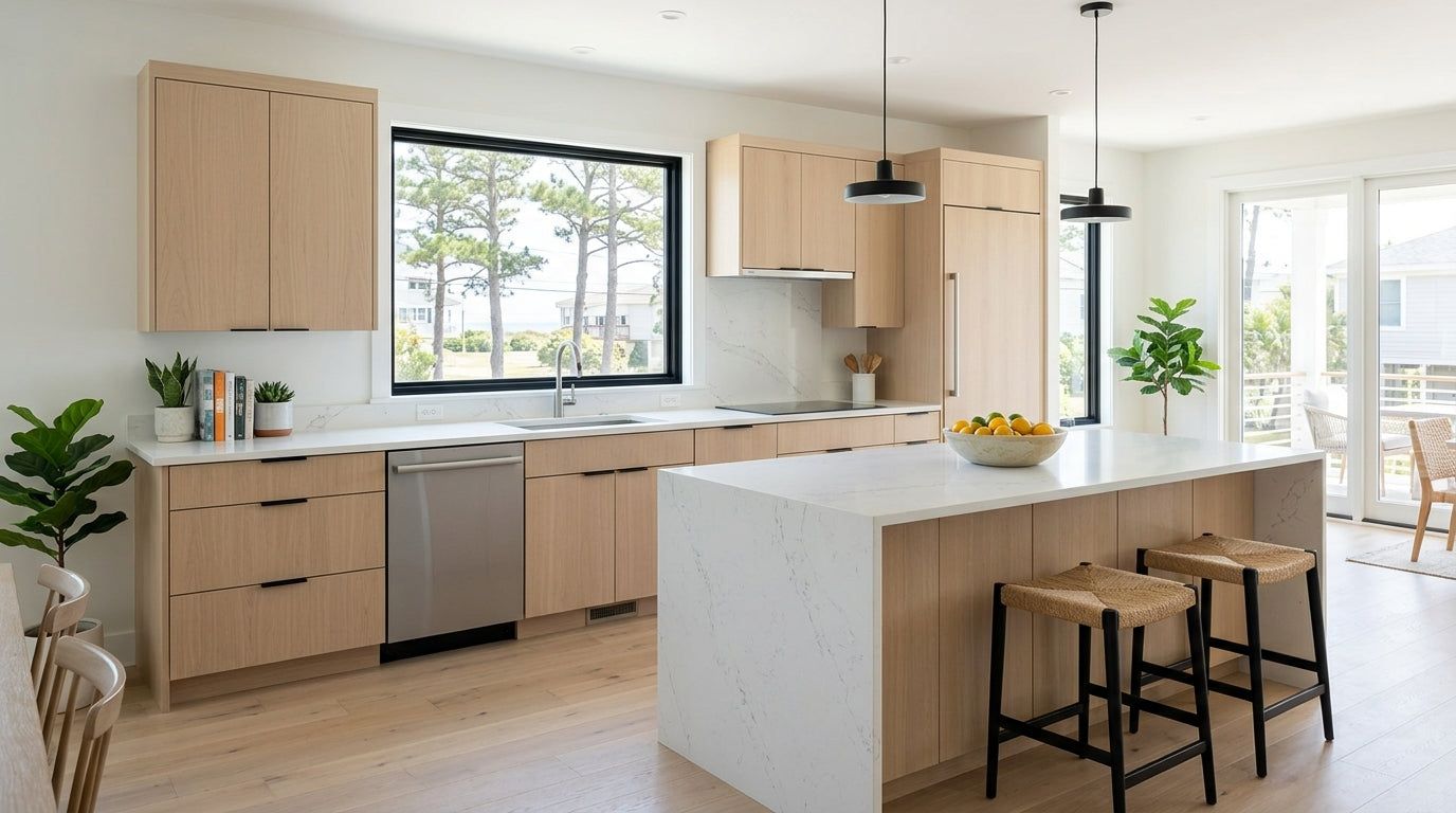 Kitchen with light wood frameless cabinets, white island and black pendants