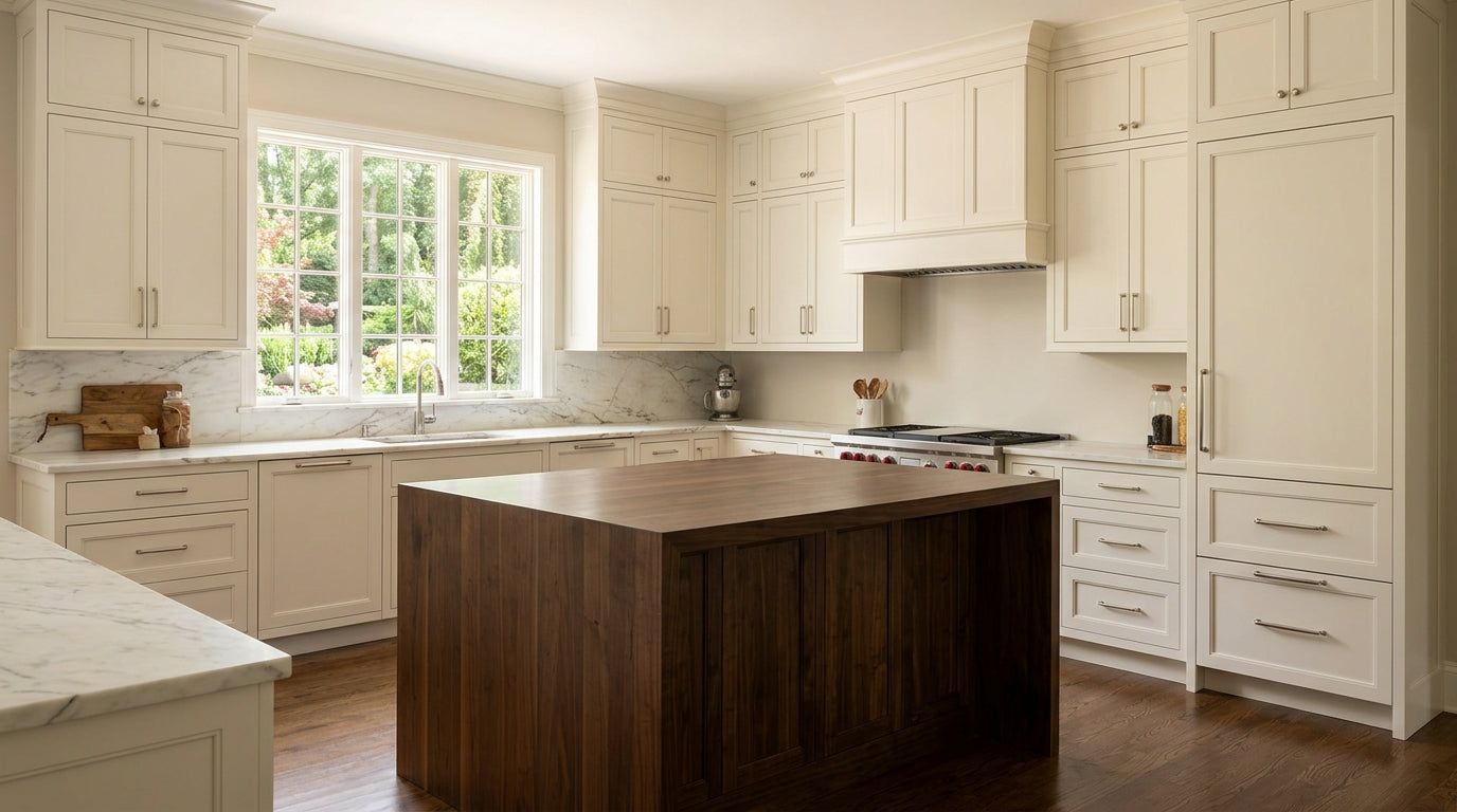 Kitchen with M1 Pure Ivory shaker cabinets, dark wood island and quartz counters