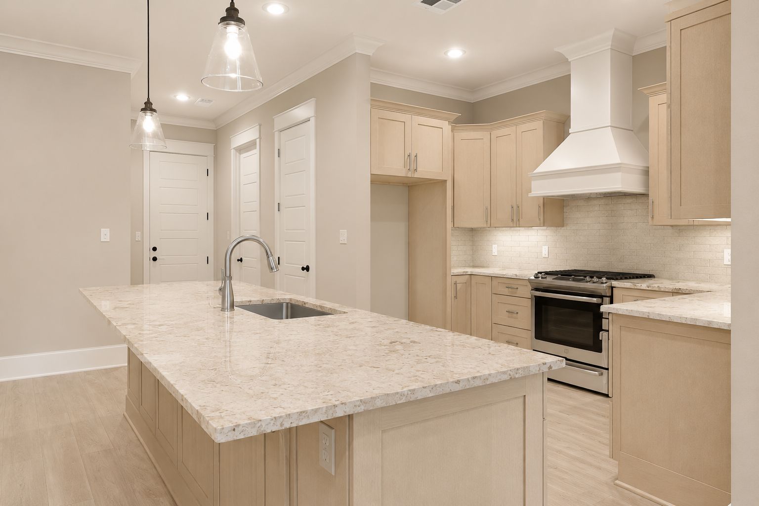 Kitchen with M1 Pure Ivory shaker cabinets, quartz island and stainless range