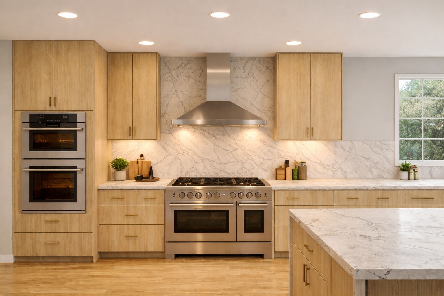 Kitchen with natural oak flat-panel cabinets, professional range and marble backsplash
