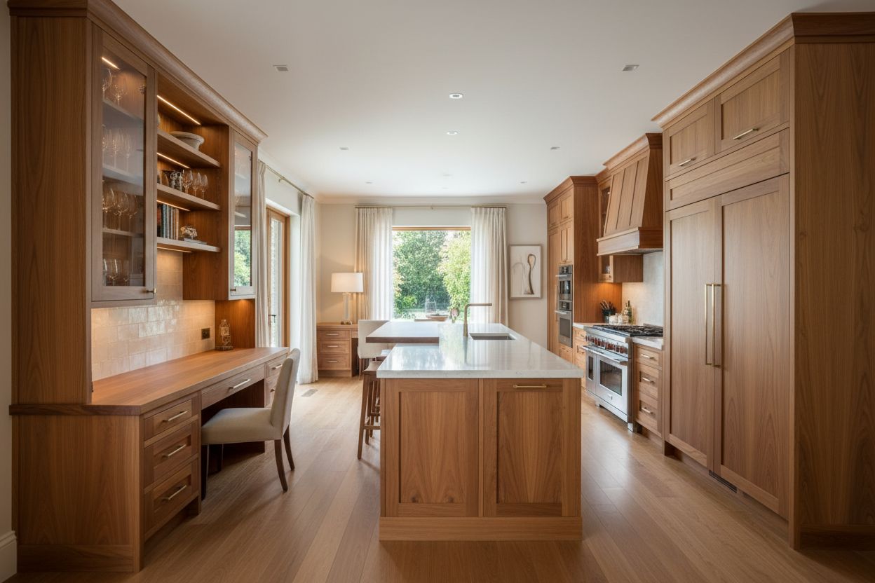 Kitchen and office nook with natural wood flat-panel cabinets and built-in shelving