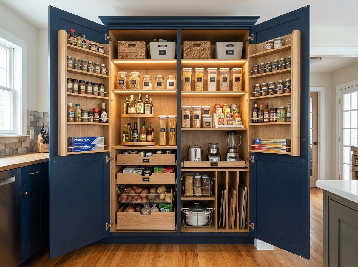 Navy double-door pantry cabinet open to show lit shelves, door-mounted spice racks, pull-out drawers and tray dividers
