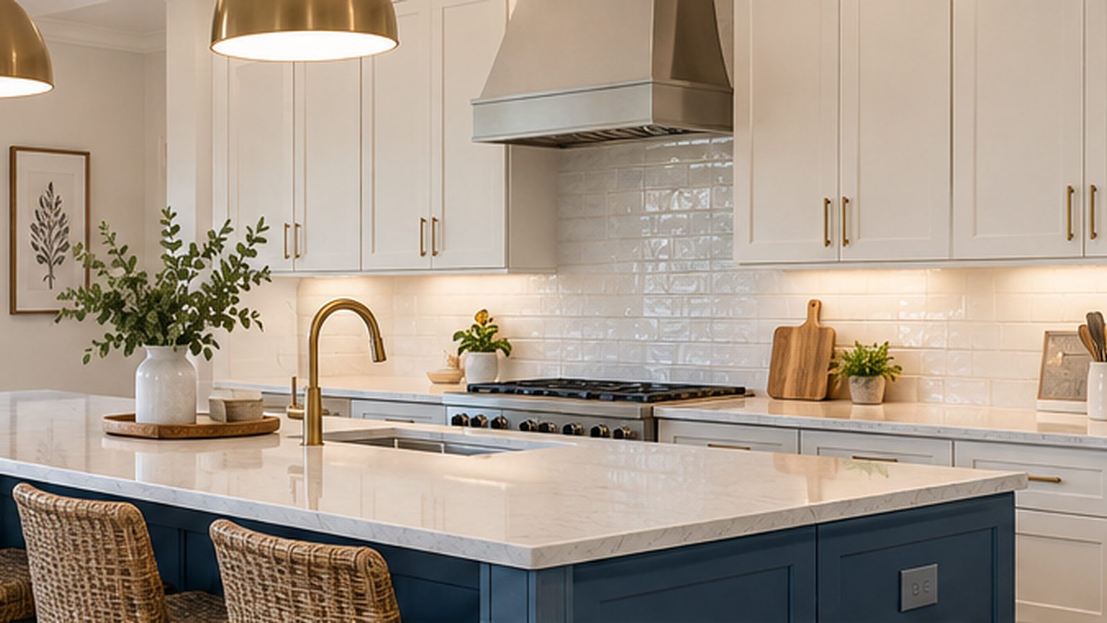 Transitional kitchen remodel with white and navy cabinetry for Richmond VA design inspiration
