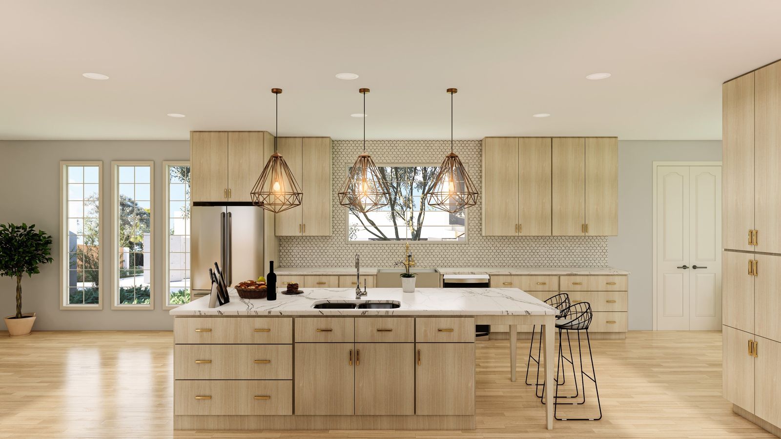 Kitchen with rustic white oak flat-panel cabinets, island and woven pendant lights