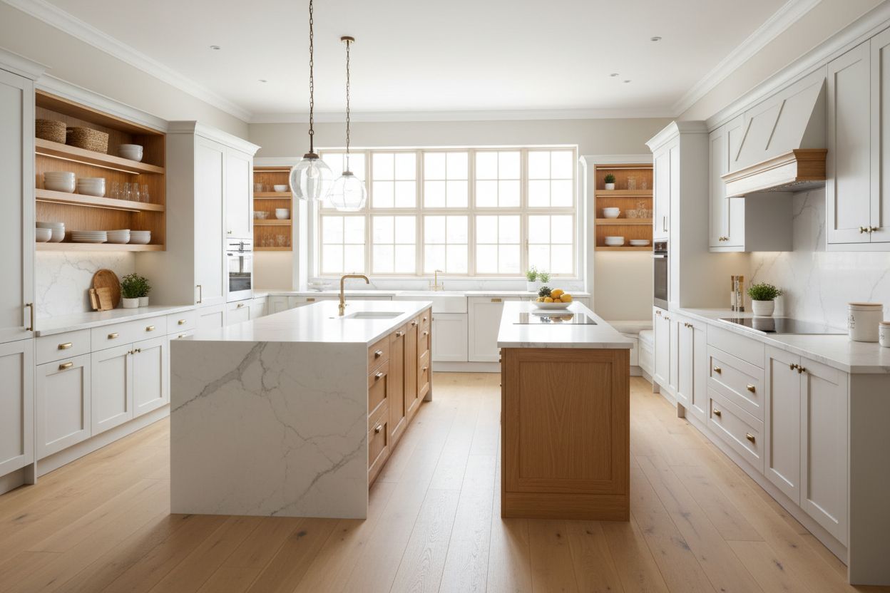 Kitchen with S1 Ash Grey shaker cabinets, white uppers and marble-look quartz island