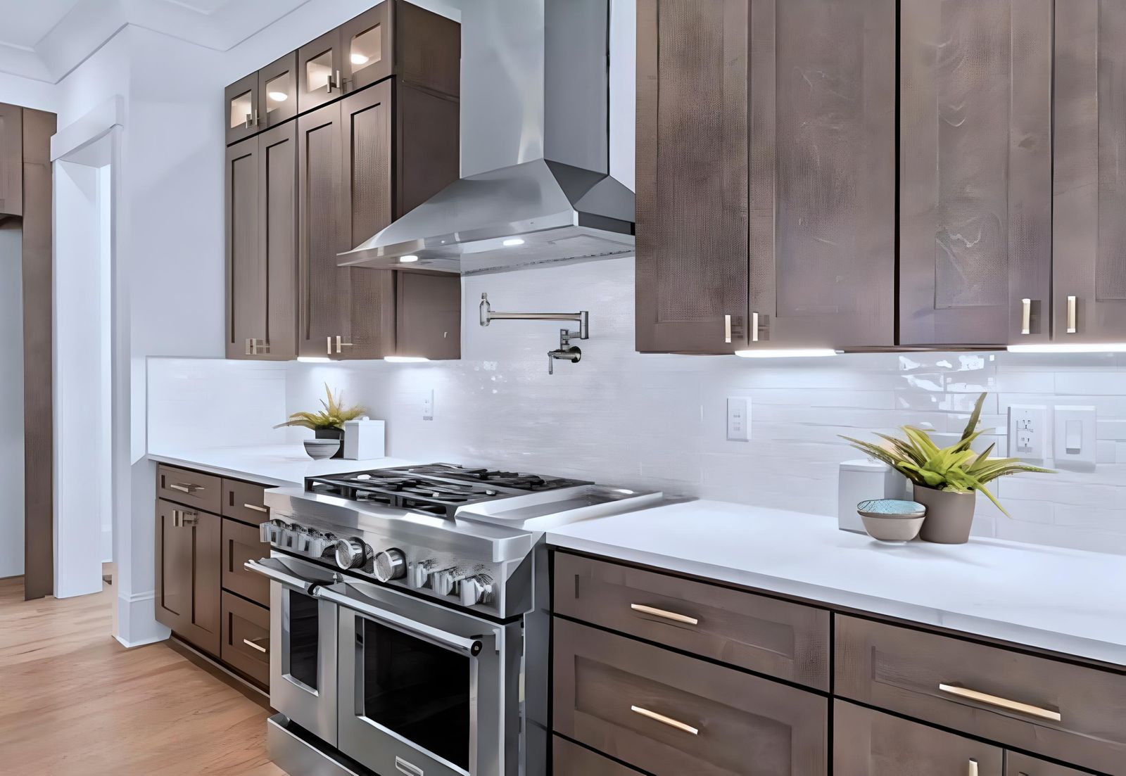 Kitchen with S1 Ash Grey wood-grain cabinets, white tile and professional range