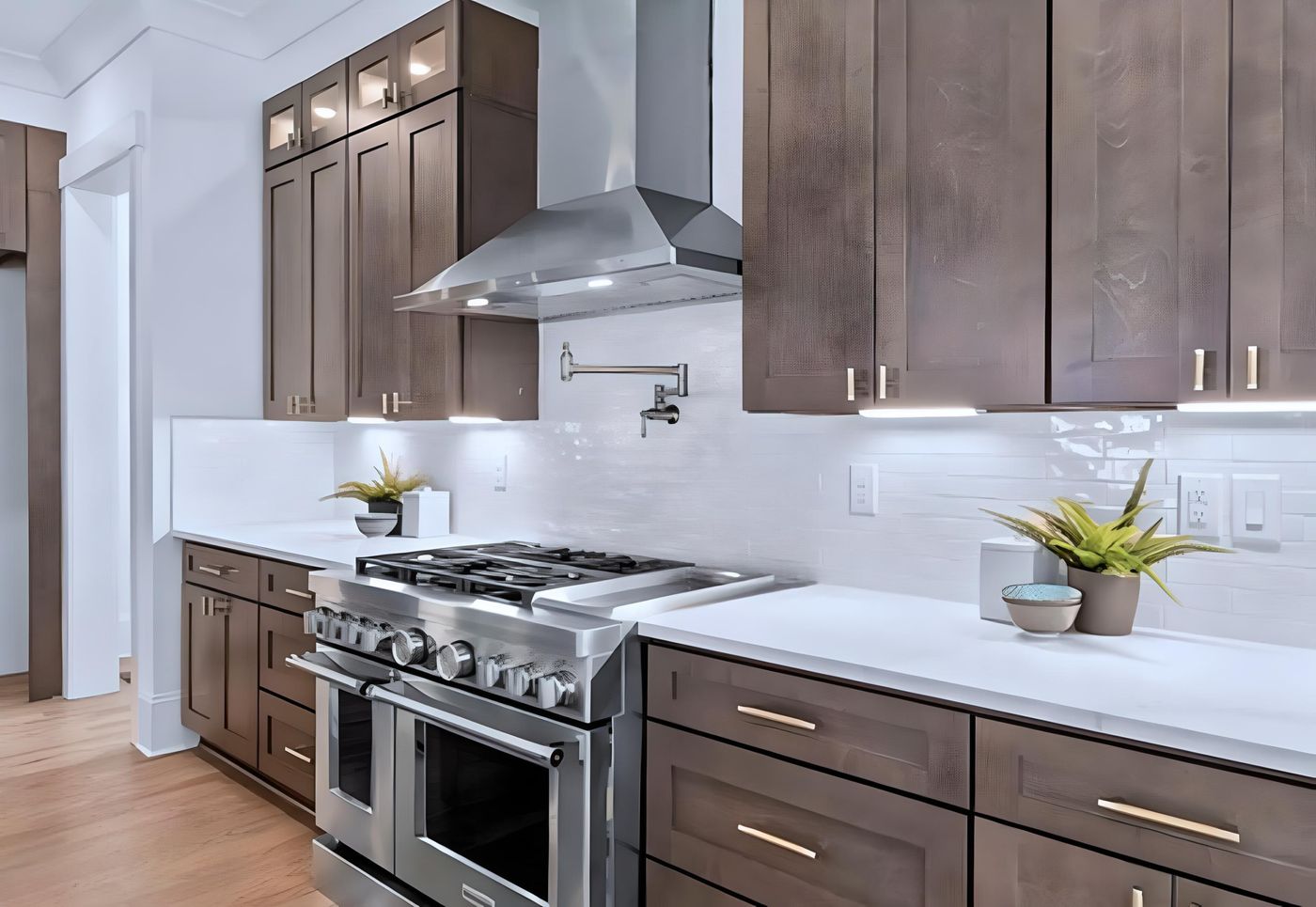 Kitchen with S1 Ash Grey wood-grain cabinets, white tile and professional range