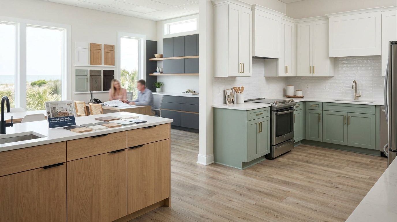 Kitchen with sage green shaker cabinets, natural oak island and navy shelving