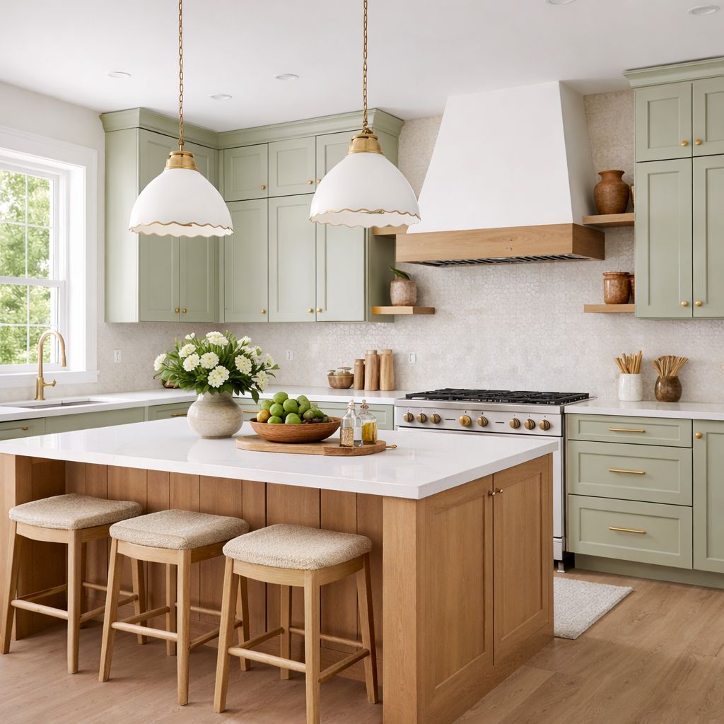 Kitchen with sage green shaker cabinets, white oak island and scalloped pendant lights