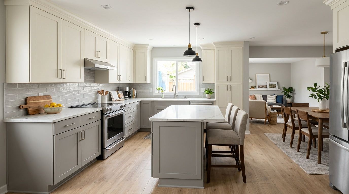 Kitchen with warm grey shaker cabinets, white island and black pendant lights
