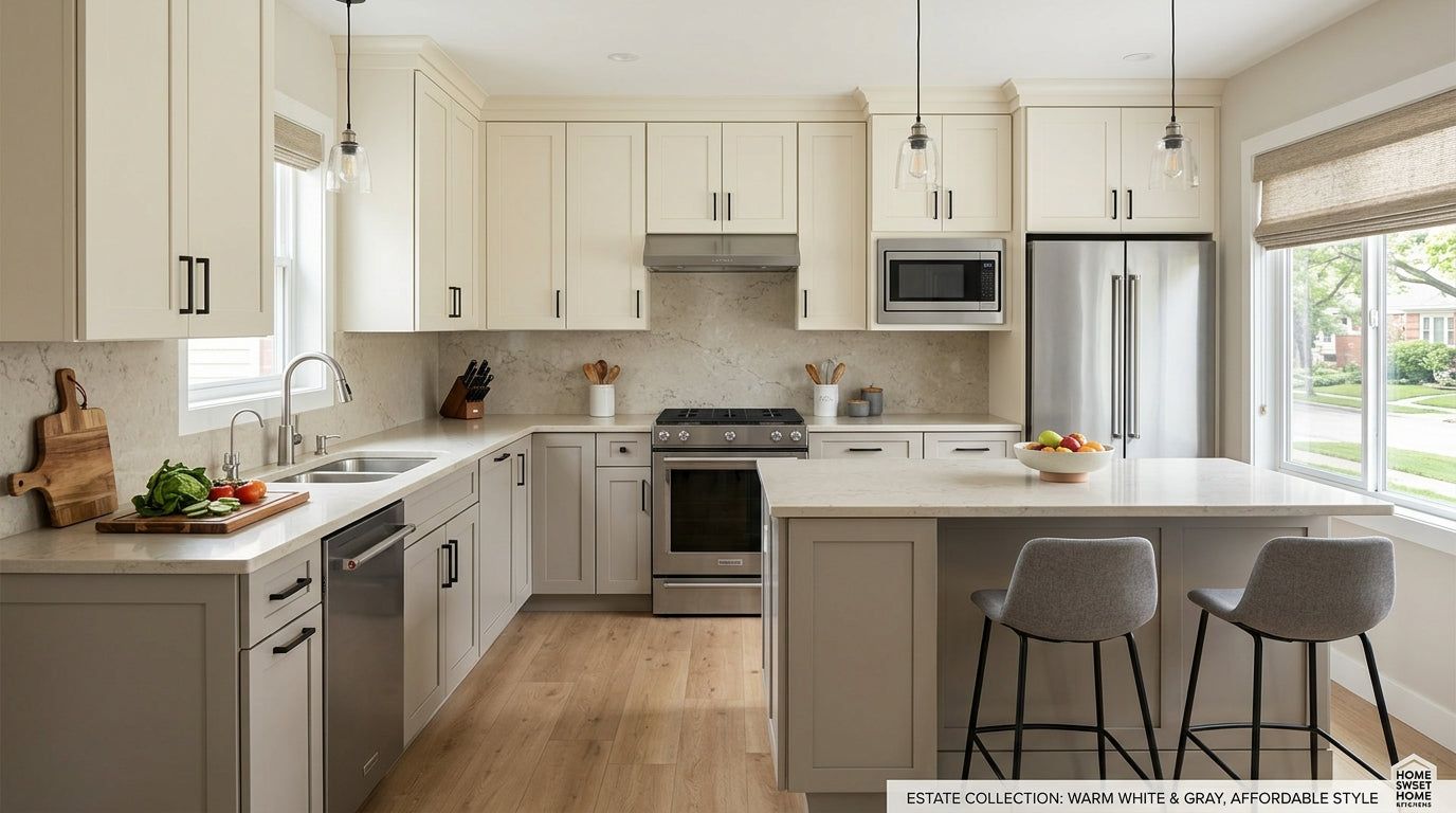 Kitchen with warm white shaker cabinets, quartz counters and stainless appliances