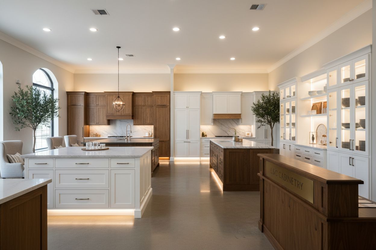 Large showroom kitchen with white and natural wood cabinets and lit display shelving