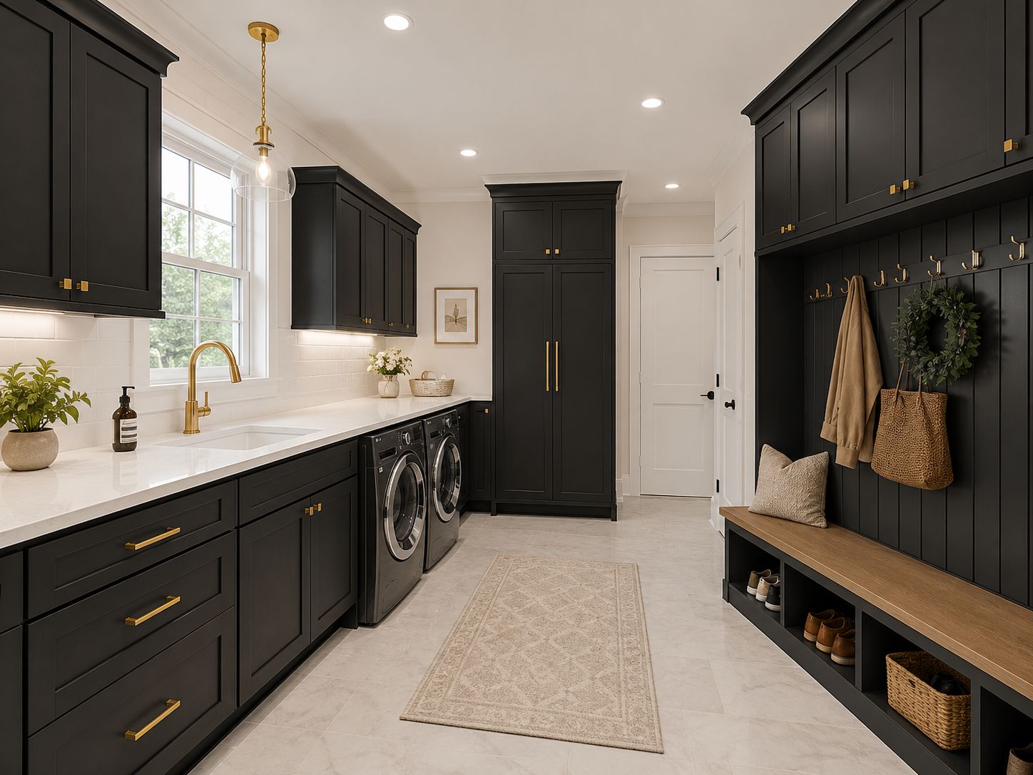 Laundry and mudroom with D8 Black Swan shaker cabinets, brass pulls and built-in bench storage