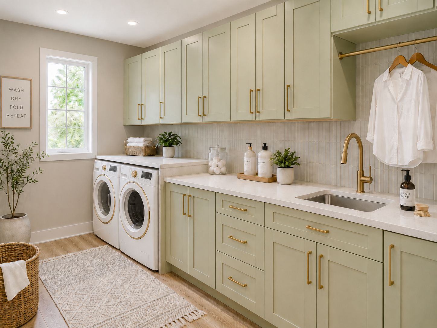 Laundry room with D3 Shallow Green shaker cabinets, brass hardware and white countertops
