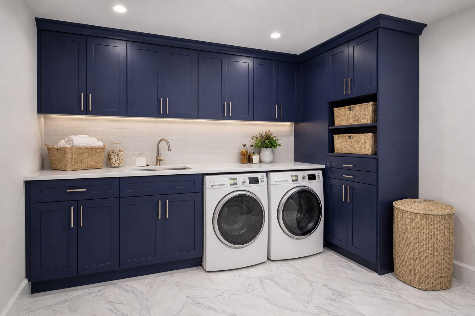 Laundry room with D4 Navy shaker cabinets, white countertop and front-load washer and dryer