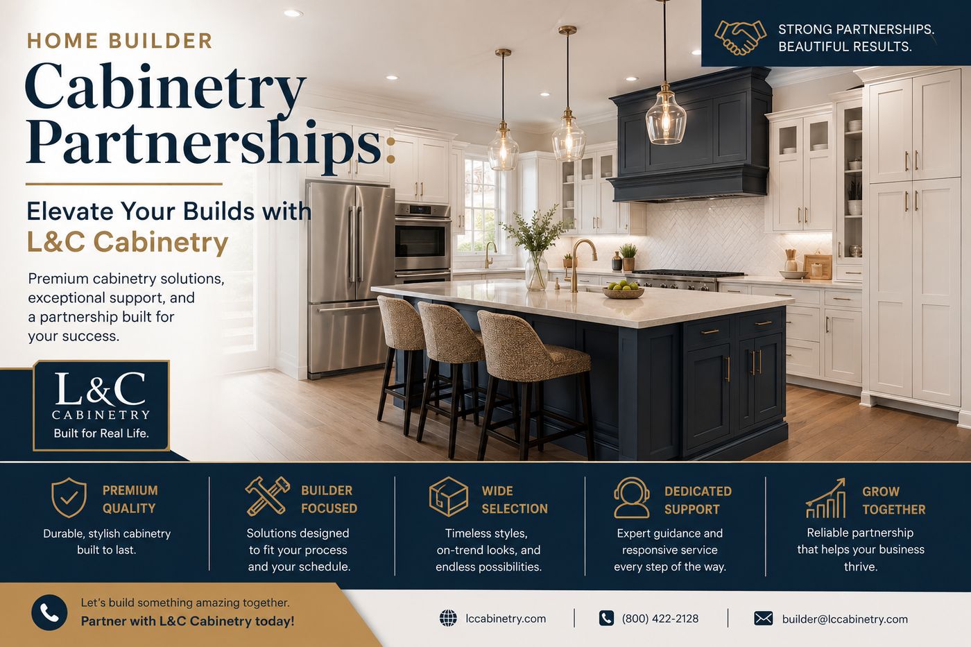 L&C Cabinetry graphic: home builder cabinetry partnerships, with a white shaker kitchen and black island
