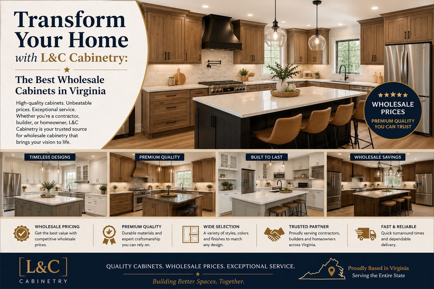 L&C Cabinetry graphic: transform your home with the best wholesale cabinets in Virginia