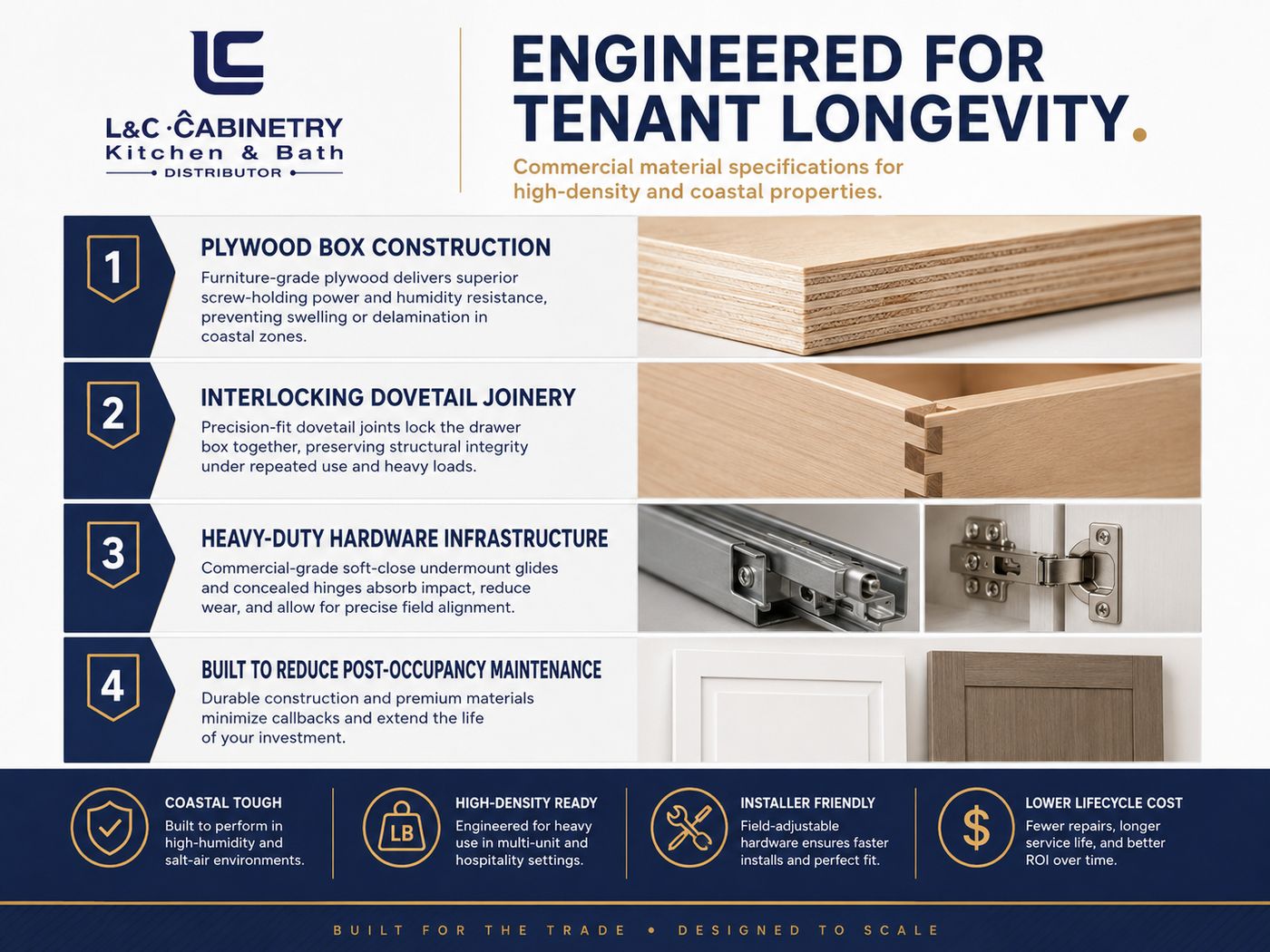 L&C Cabinetry infographic on cabinets engineered for tenant longevity — plywood boxes, dovetail joinery, heavy-duty hardware
