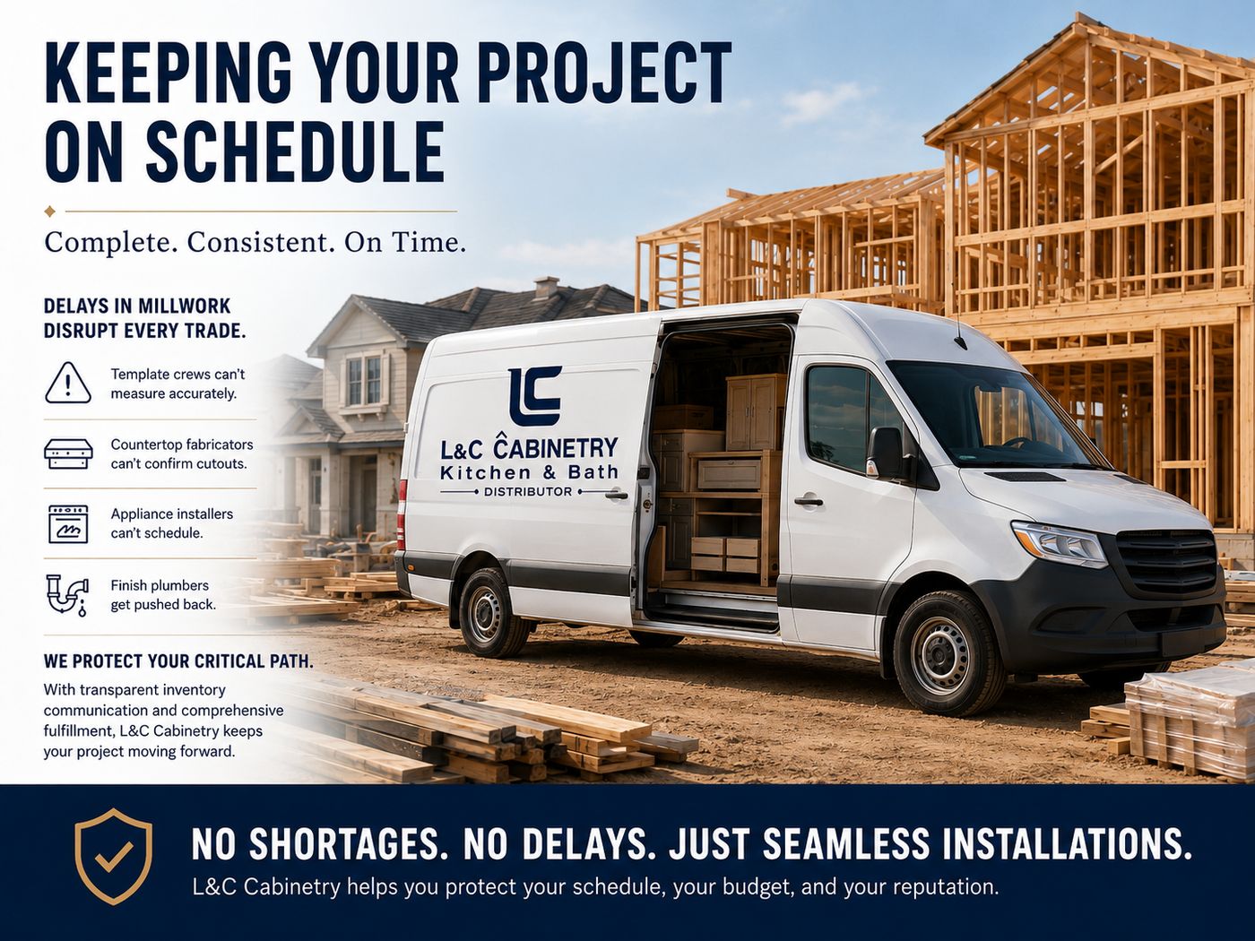 L&C Cabinetry infographic on keeping projects on schedule with in-stock cabinet inventory and dependable delivery