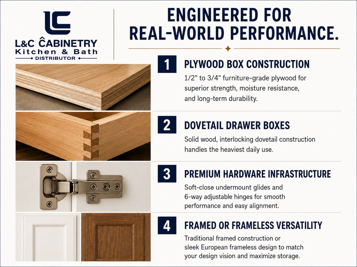 L&C Cabinetry infographic showing plywood box construction, dovetail drawers and soft-close hardware