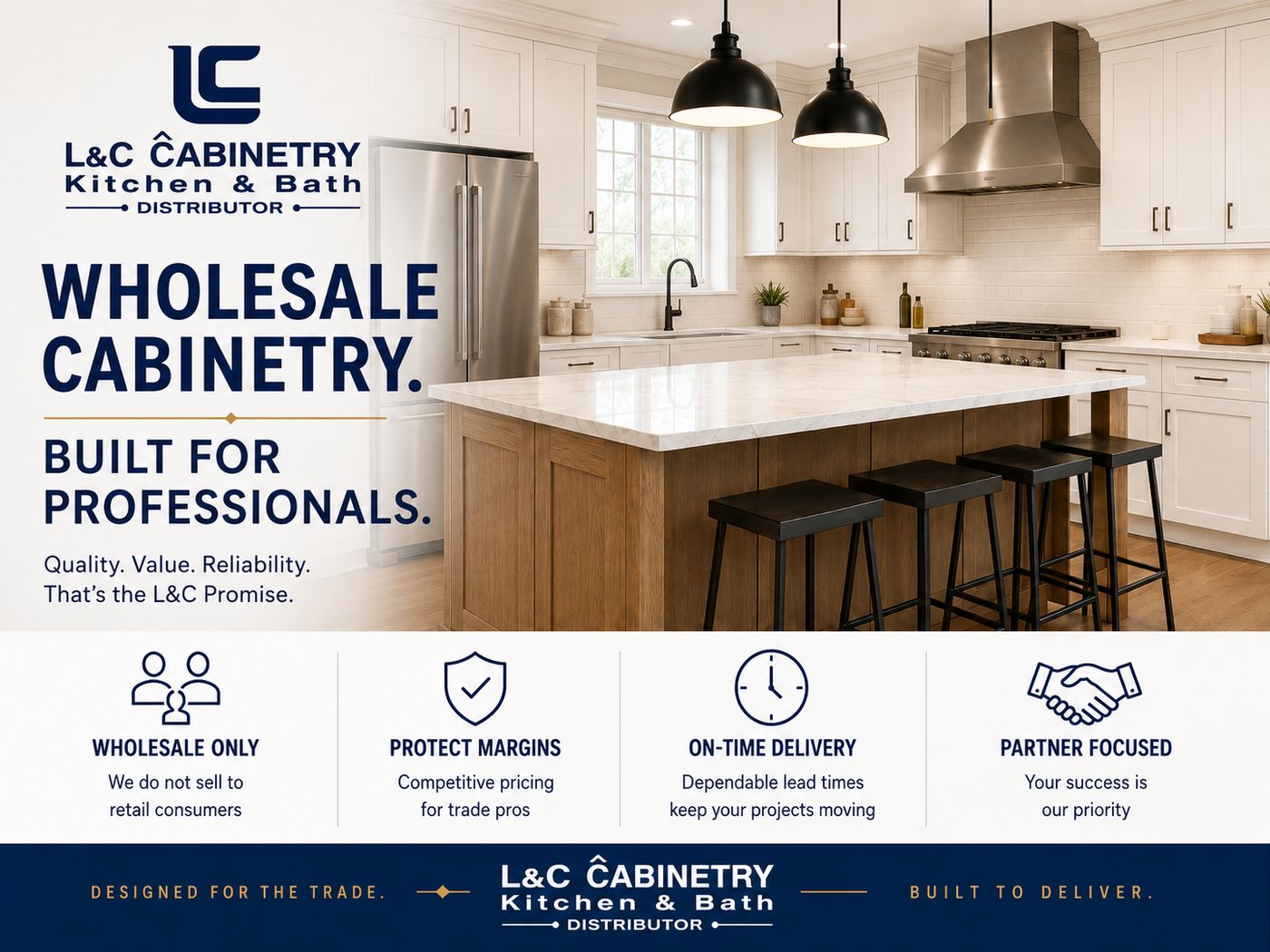 L&C Cabinetry infographic: wholesale cabinetry built for professionals — wholesale only, protected margins, on-time delivery
