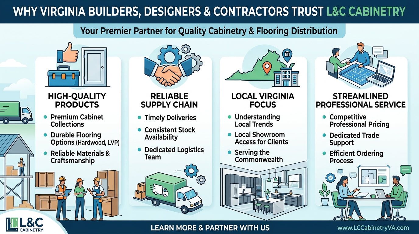 L&C Cabinetry infographic: why Virginia builders, designers and contractors trust L&C for cabinetry and flooring