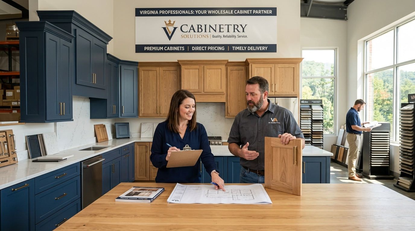 L&C Cabinetry representatives reviewing plans at a navy shaker showroom display