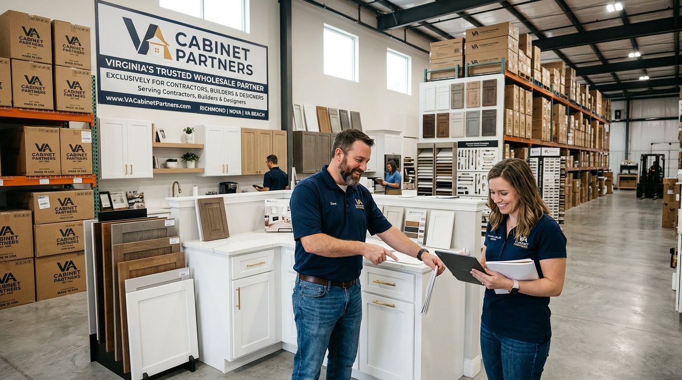 L&C Cabinetry team walking a customer through the warehouse with cabinet samples