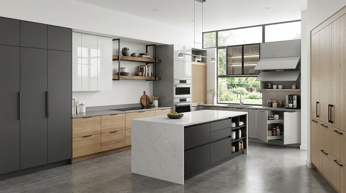 Modern kitchen with dark grey and natural wood frameless cabinets and SPC flooring