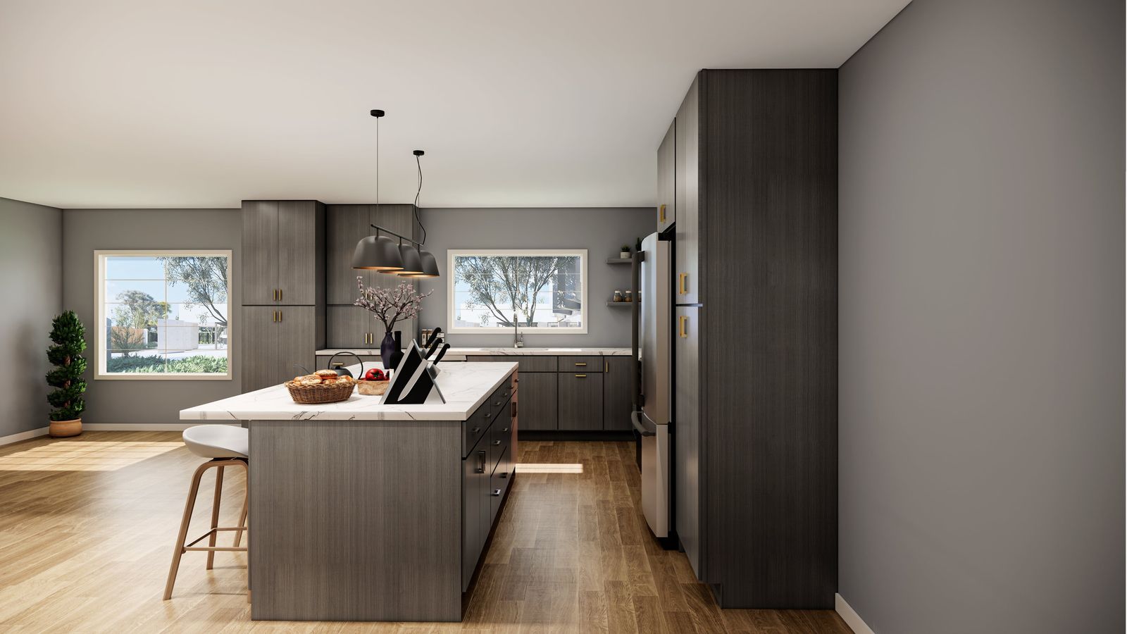 Modern kitchen with dark rift-cut wood flat-panel cabinets and stainless appliances