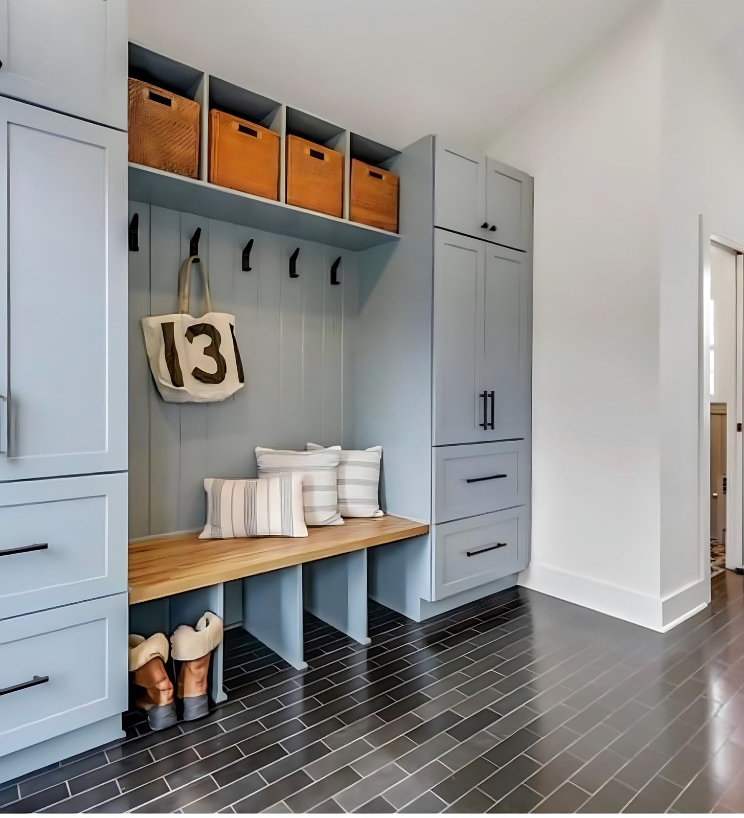 Mudroom with D6 Dove Grey shaker lockers, bench seating and cubby storage