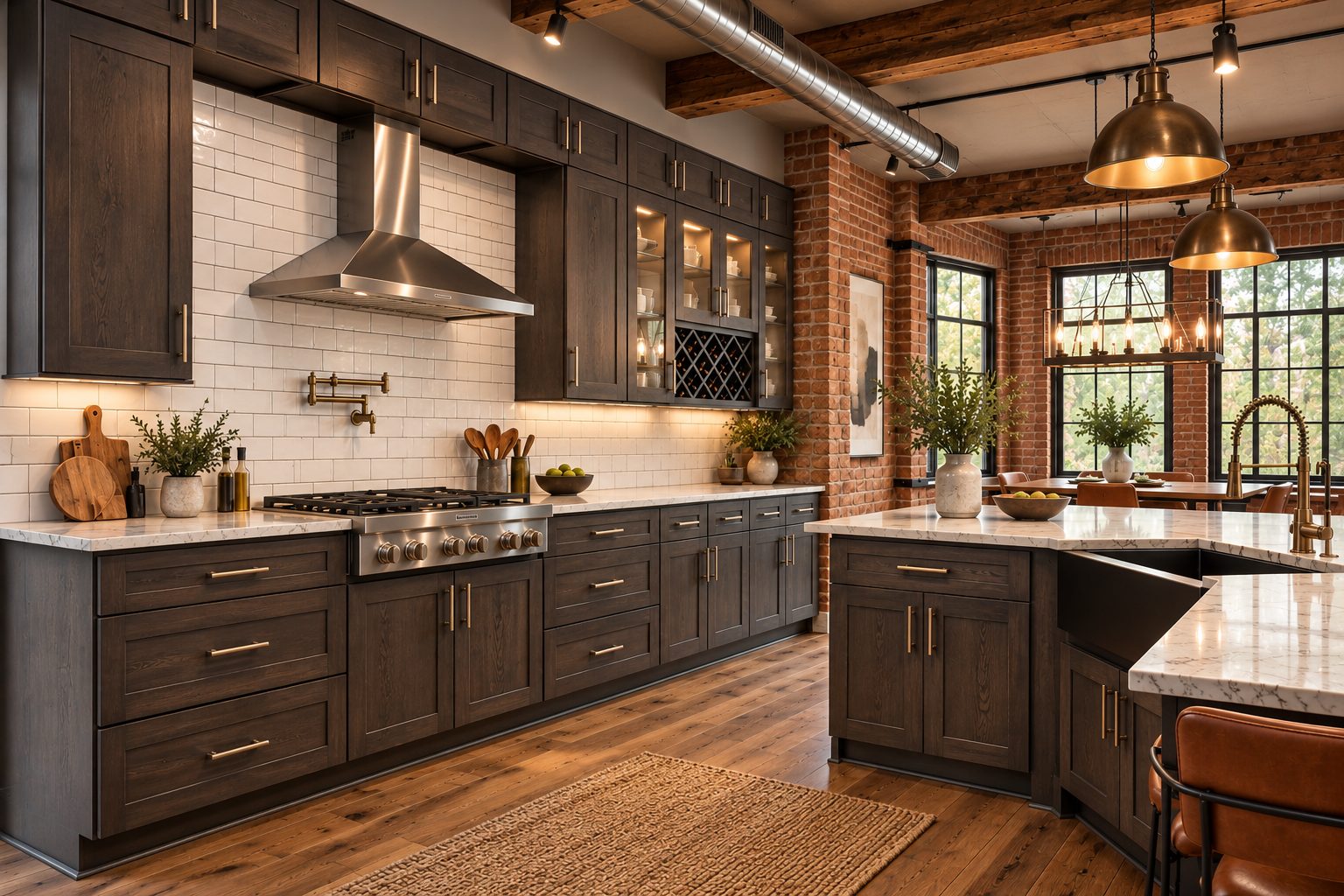S1 Ash Grey kitchen with visible grain, brick, light tile and warm metal accents.
