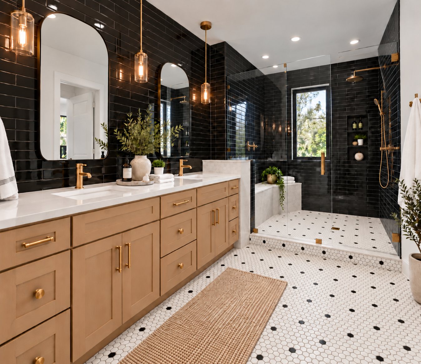 S2 Honey Shaker double vanity design with gold-colored knobs and pulls, dark wall tile and white hexagonal flooring