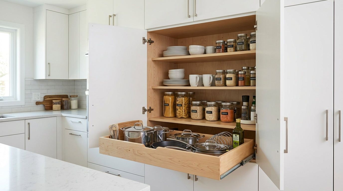Tall pantry cabinet with pull-out shelves holding jars and dry goods