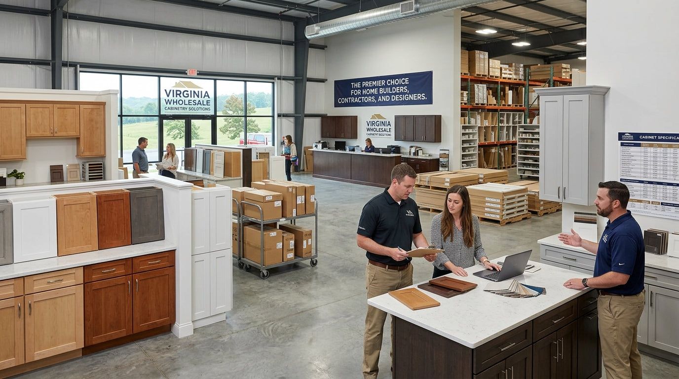 Team reviewing plans at a cabinet display inside an L&C Cabinetry warehouse