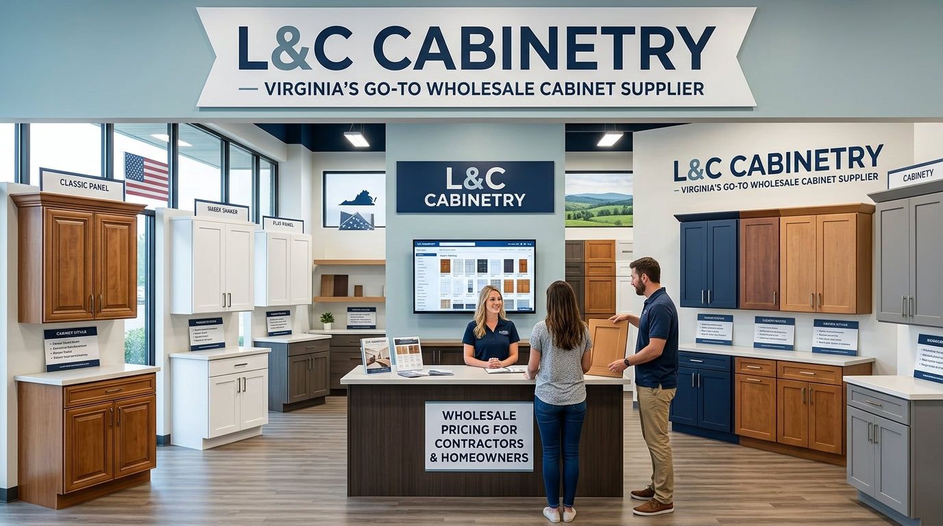 Trade customers reviewing cabinet displays in an L&C Cabinetry Virginia showroom