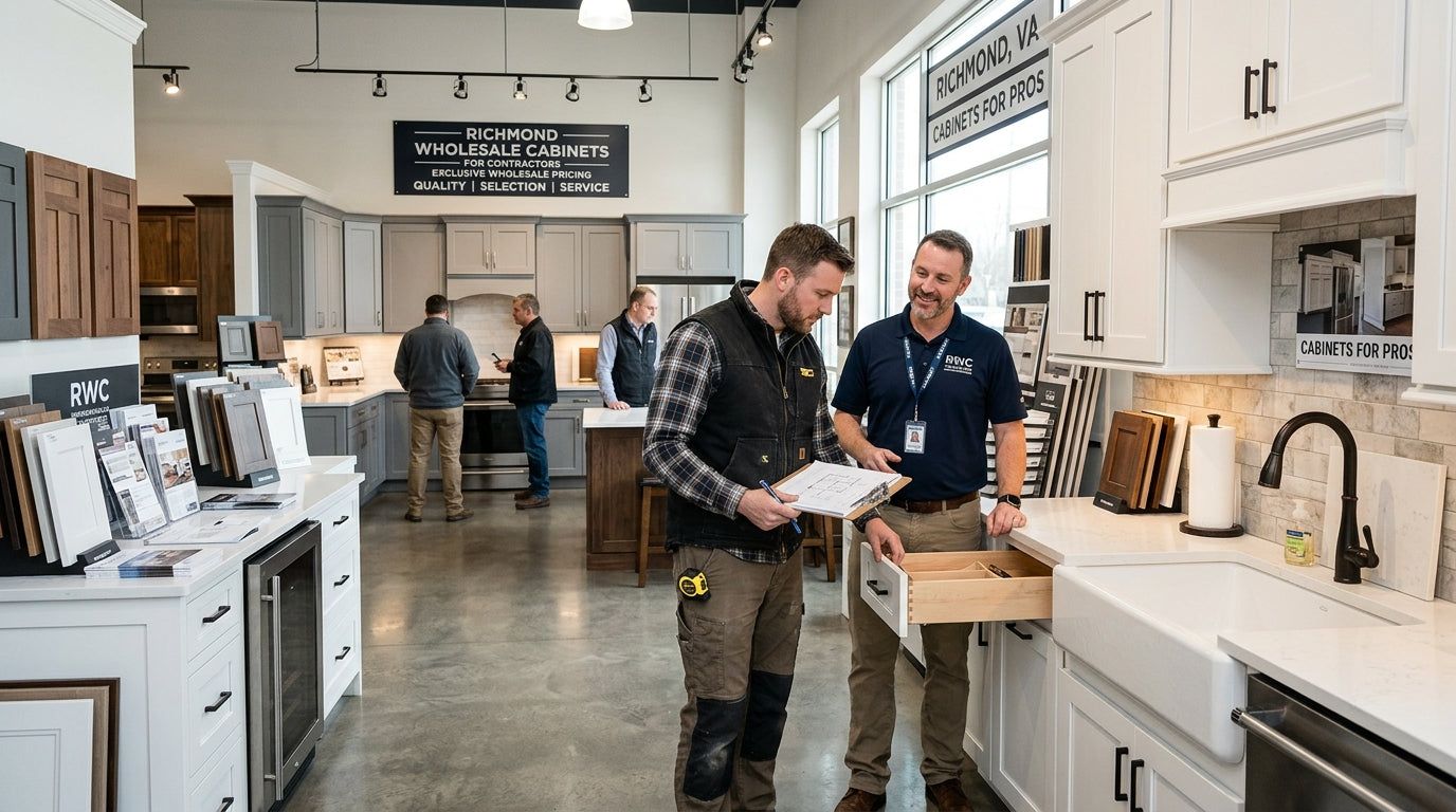 Trade customers reviewing cabinet door samples in an L&C Cabinetry showroom