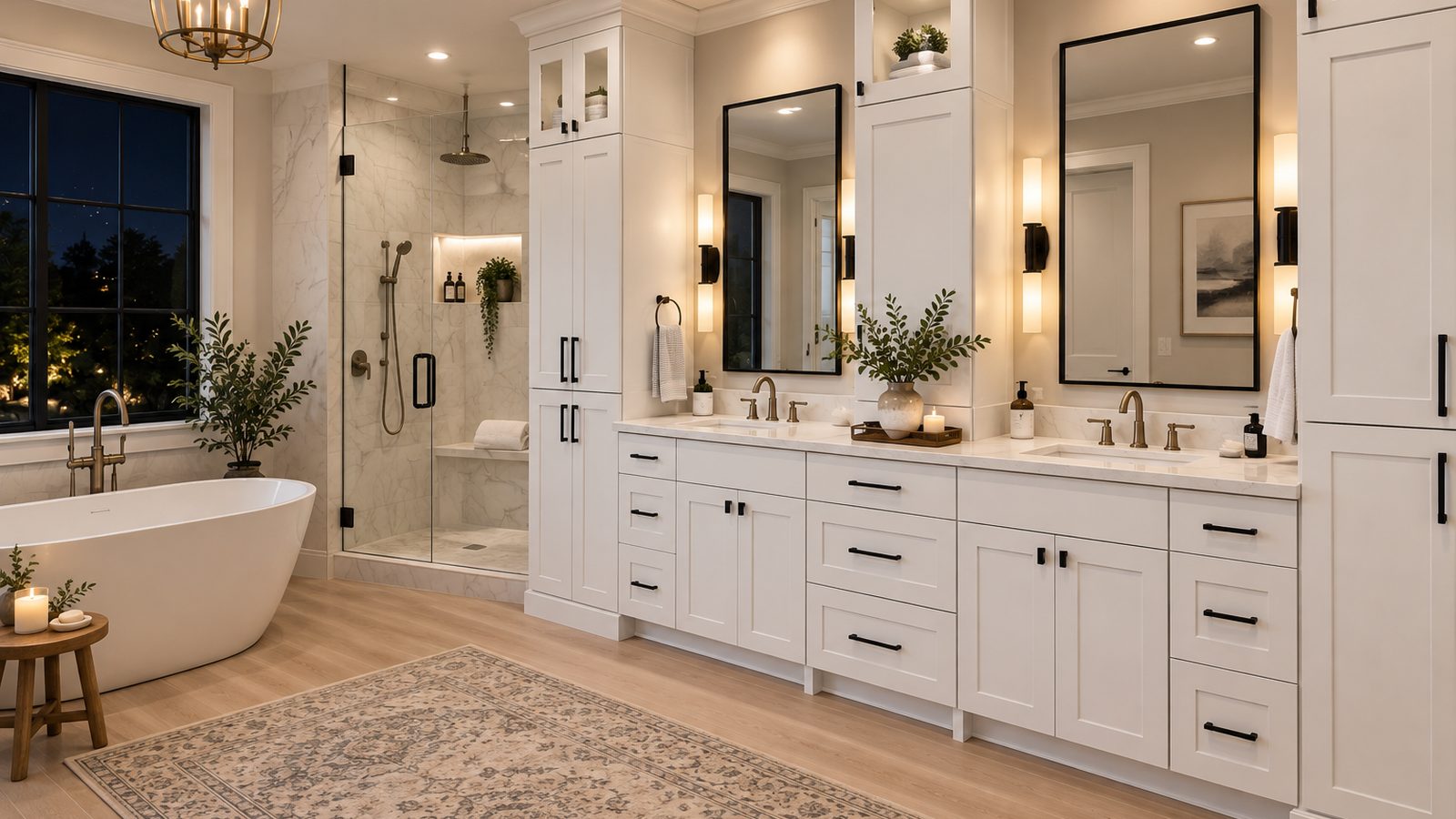 White shaker double bathroom vanity with drawers and tall storage cabinets