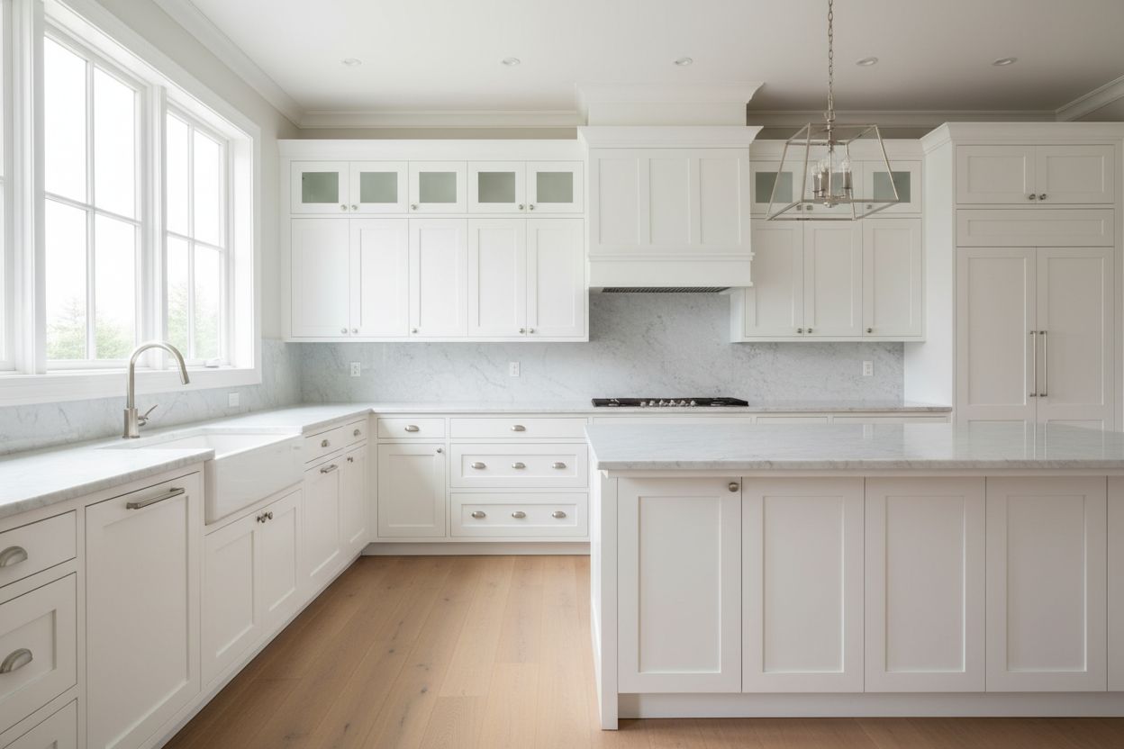White shaker kitchen with farmhouse sink, brass faucet and quartz island