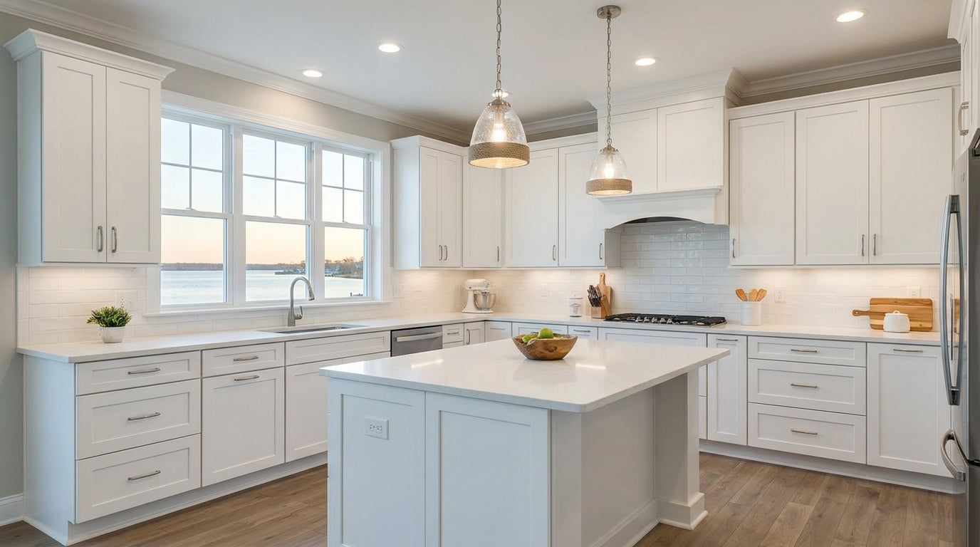 White shaker kitchen with a light grey island, quartz counters and hardwood floors
