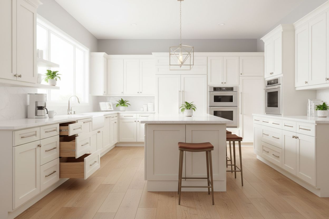 White shaker kitchen with quartz island, wood stools and glass pendants