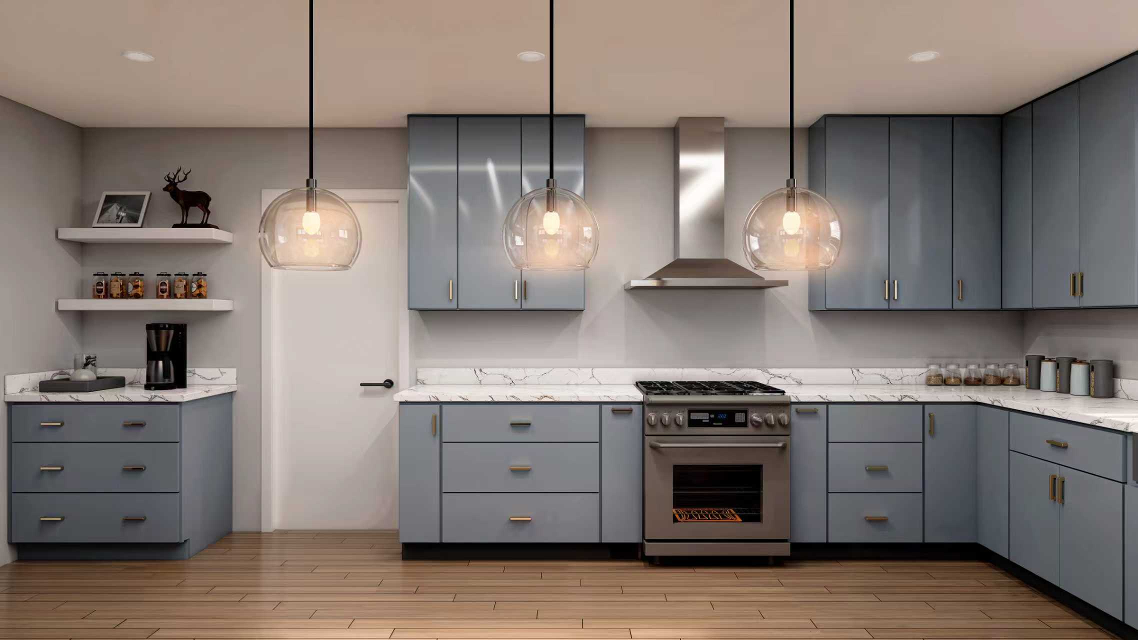 Kitchen with E2 Glossy Dark Grey slab cabinets